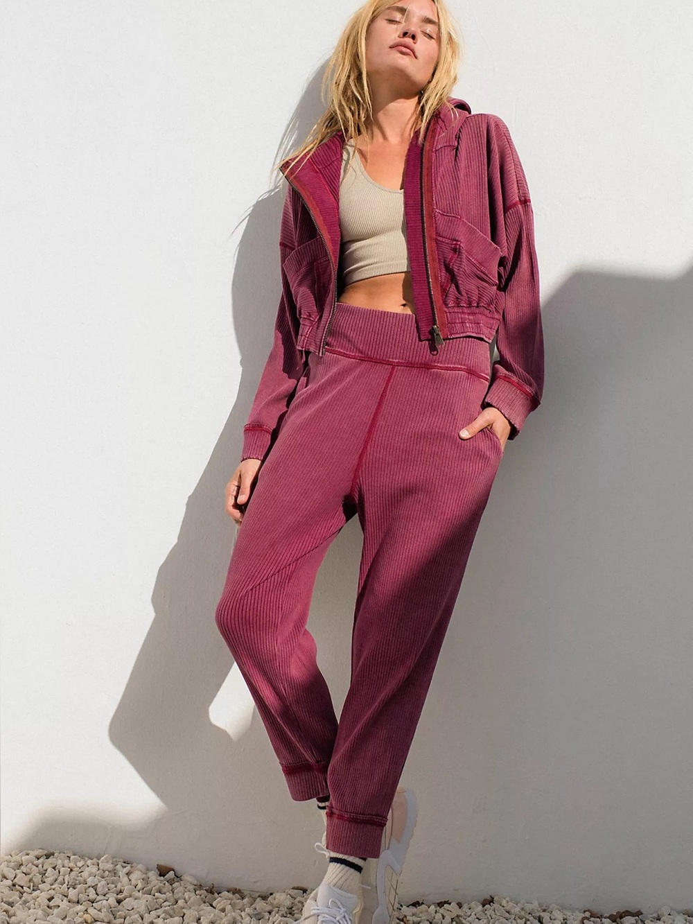 Free People FP Movement Set Ribbed Hoodie & Jogger Pants Burgundy Size Small